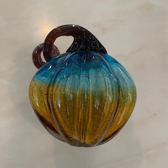Art Glass Turquoise, Amber, and Brown Pumpkin with Curly Stem. 5”- 5 1/2” Dia - Picture 9 of 10